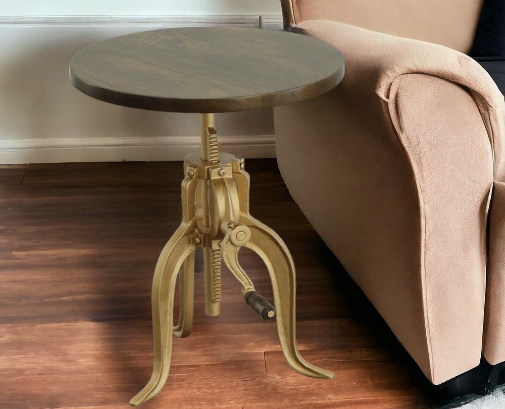 Homeroots 19" Brass Solid Wood And Iron Height Adjustable Round End Table   493239