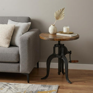 19 Inch Round Solid Oak Wood Accent Table with Industrial Metal Base for Living Room