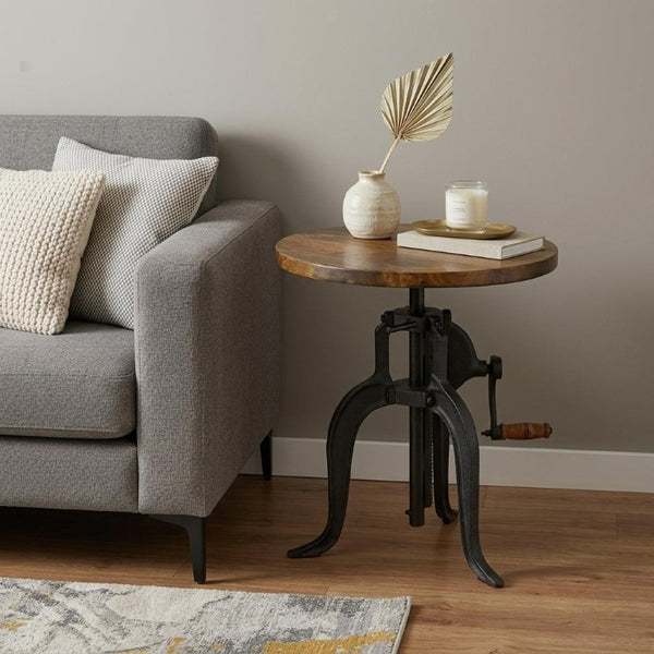 19 Inch Round Solid Oak Wood Accent Table with Industrial Metal Base for Living Room