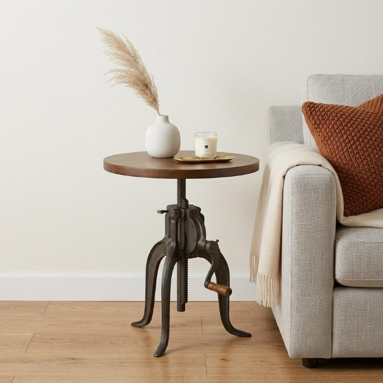 HomeRoots 19 Inch Round Solid Oak Wood Accent Table with Industrial Metal Base for Living Room 493240