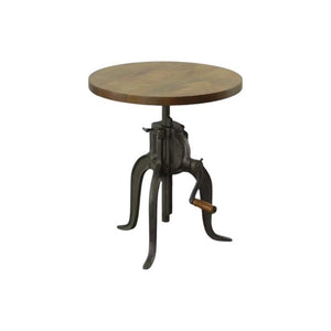 19 Inch Round Solid Oak Wood Accent Table with Industrial Metal Base for Living Room