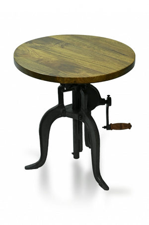 19 Inch Round Solid Oak Wood Accent Table with Industrial Metal Base for Living Room
