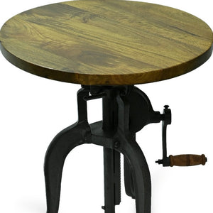 19 Inch Round Solid Oak Wood Accent Table with Industrial Metal Base for Living Room