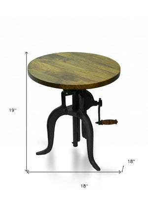 19 Inch Round Solid Oak Wood Accent Table with Industrial Metal Base for Living Room