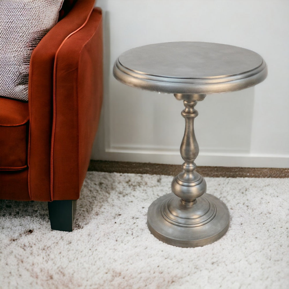 HomeRoots 24" Antique Nickel Metal Round End Table - Vintage Industrial Charm for Small Spaces & Versatile Use 493242
