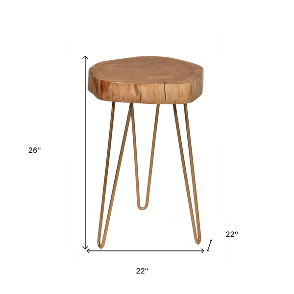 Homeroots 26" Gold And Natural Solid Wood Round End Table   493249