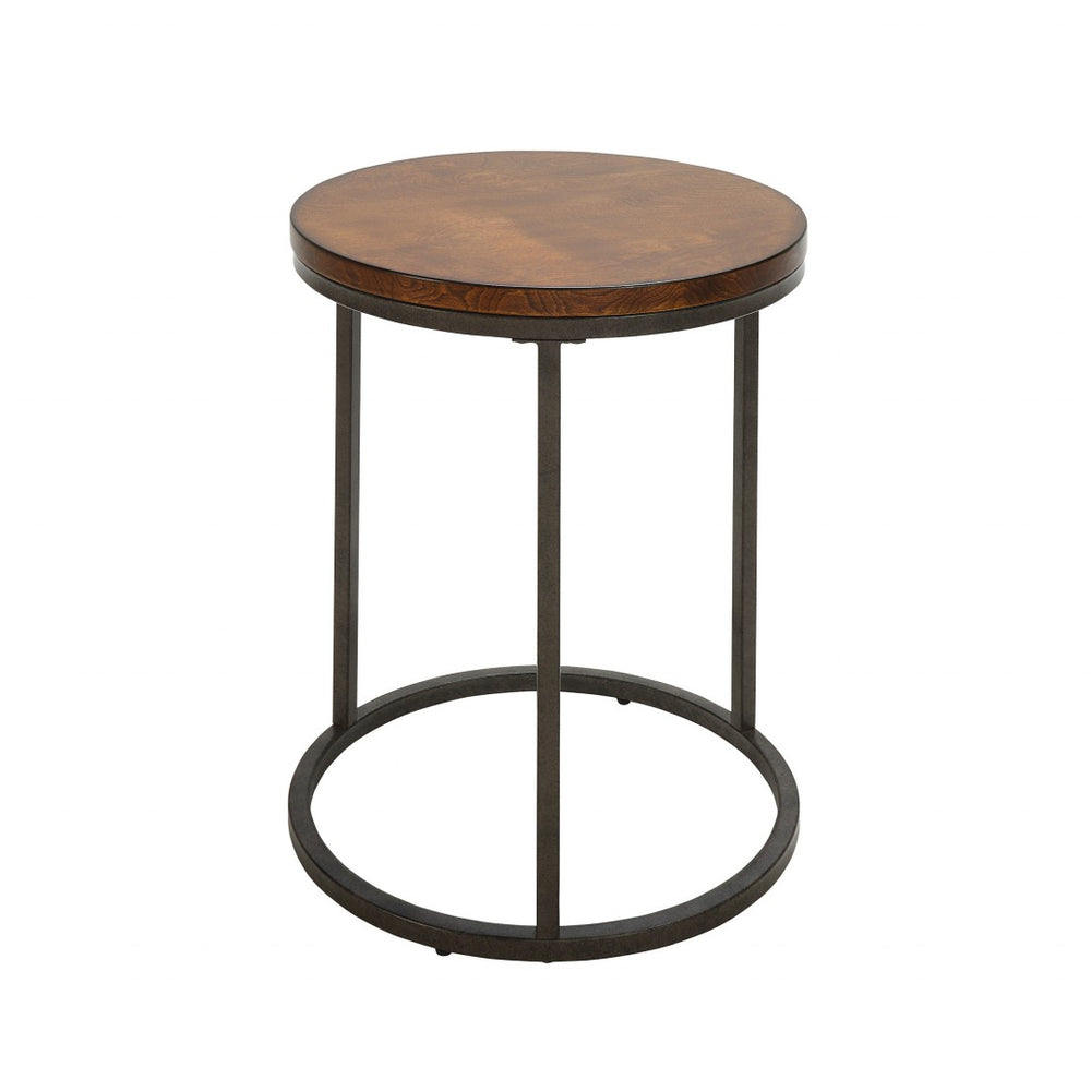 HomeRoots 24" Round End Table - Stylish Black Iron Frame with Warm Wood-Brown Top for Modern Living Spaces 493254
