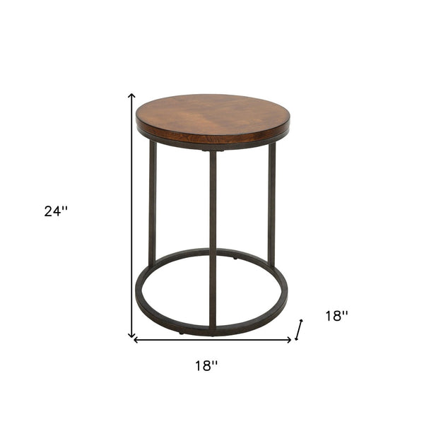 HomeRoots 24" Round End Table - Stylish Black Iron Frame with Warm Wood-Brown Top for Modern Living Spaces 493254