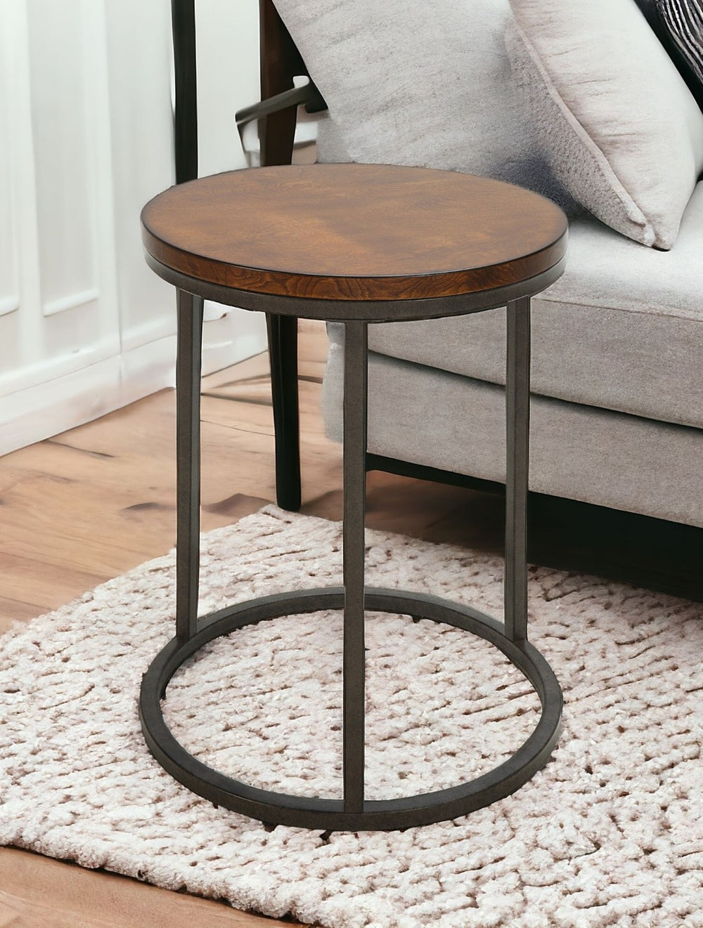 HomeRoots 24" Round End Table - Stylish Black Iron Frame with Warm Wood-Brown Top for Modern Living Spaces 493254