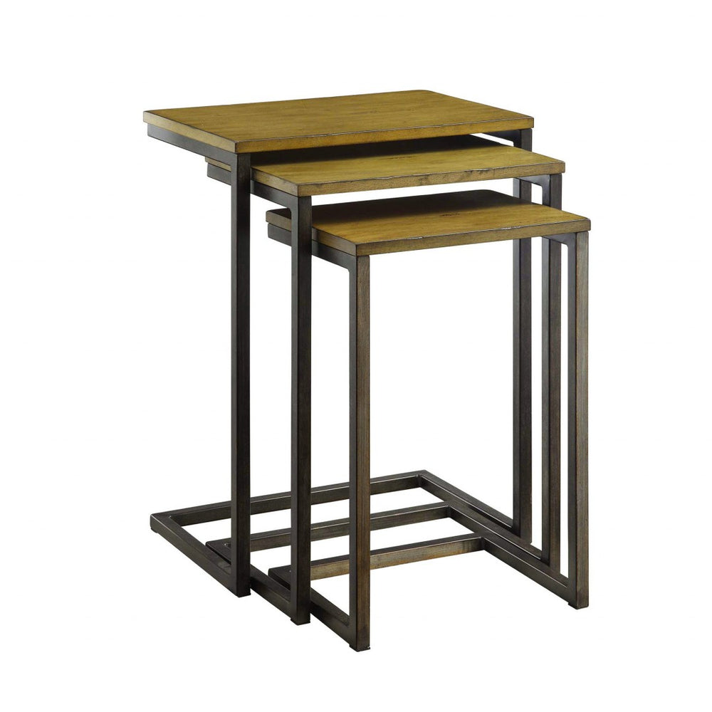 HomeRoots Set of Three Rustic Nested Tables with Distressed Mango Wood Top & Black Steel Frame for Versatility 493258
