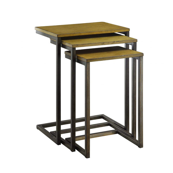 HomeRoots Set of Three Rustic Nested Tables with Distressed Mango Wood Top & Black Steel Frame for Versatility 493258
