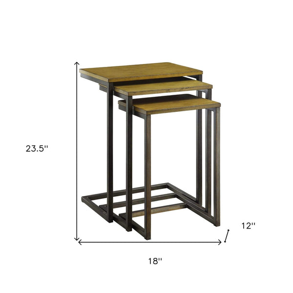 HomeRoots Set of Three Rustic Nested Tables with Distressed Mango Wood Top & Black Steel Frame for Versatility 493258
