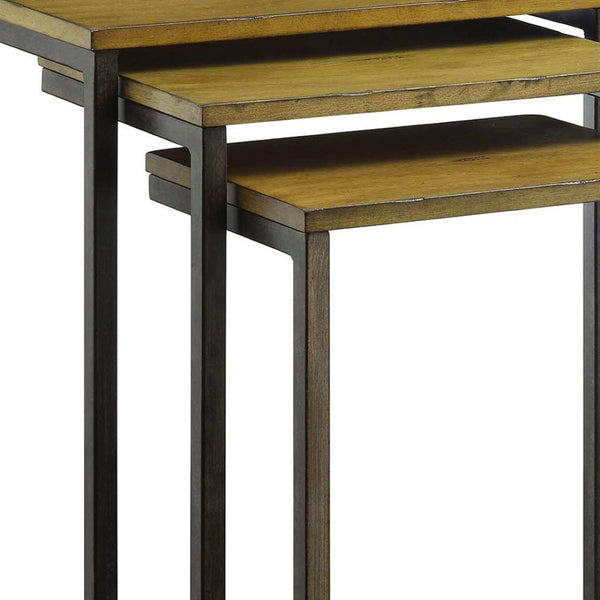 HomeRoots Set of Three Rustic Nested Tables with Distressed Mango Wood Top & Black Steel Frame for Versatility 493258