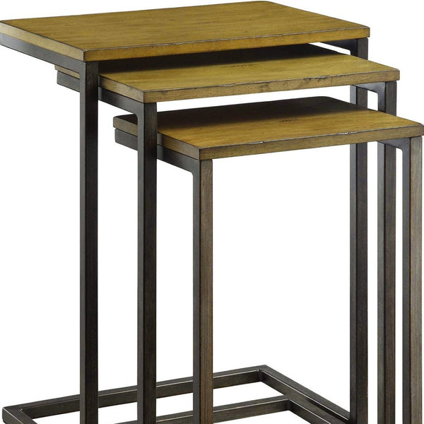 HomeRoots Set of Three Rustic Nested Tables with Distressed Mango Wood Top & Black Steel Frame for Versatility 493258