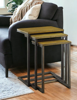 HomeRoots Set of Three Rustic Nested Tables with Distressed Mango Wood Top & Black Steel Frame for Versatility 493258