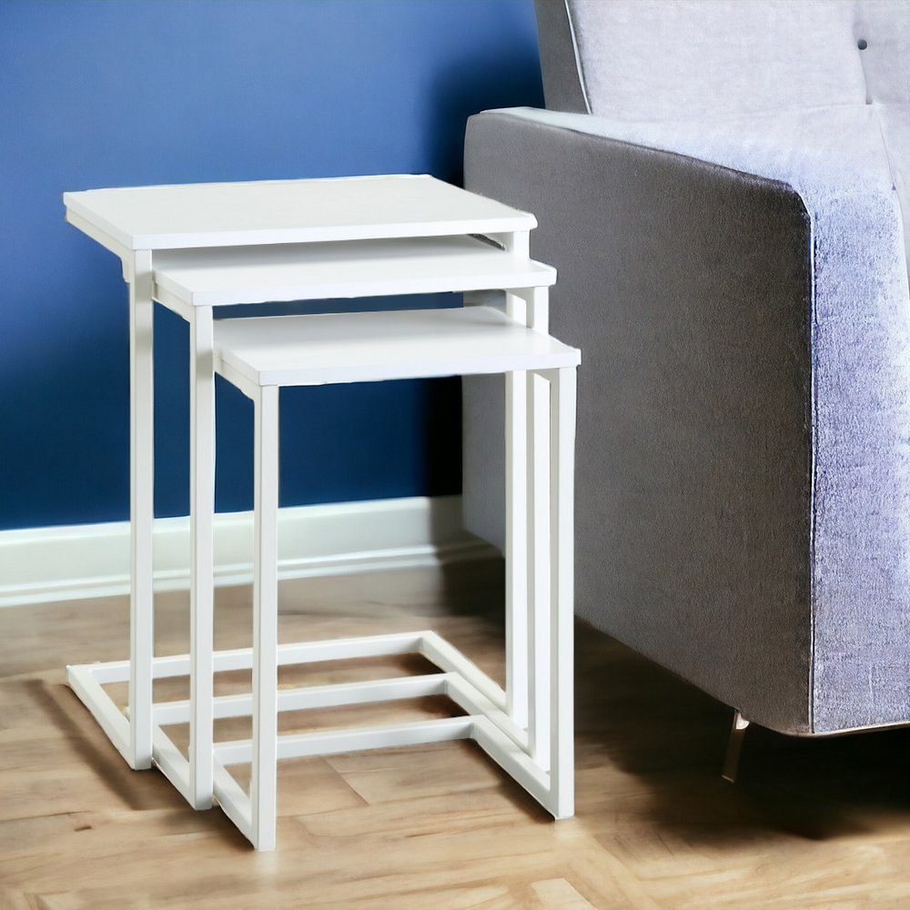 Homeroots Set Of Three 24" White Solid Wood And Steel Nested End Tables   493259