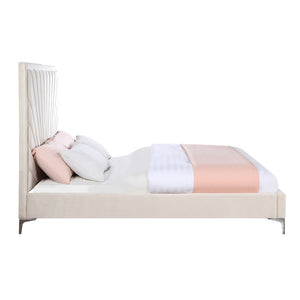 English Elm Modern Queen Bed Beige Velvet Platform with Sunburst Channel Tufted Headboard, Metal Feet & Slats B2741S00708