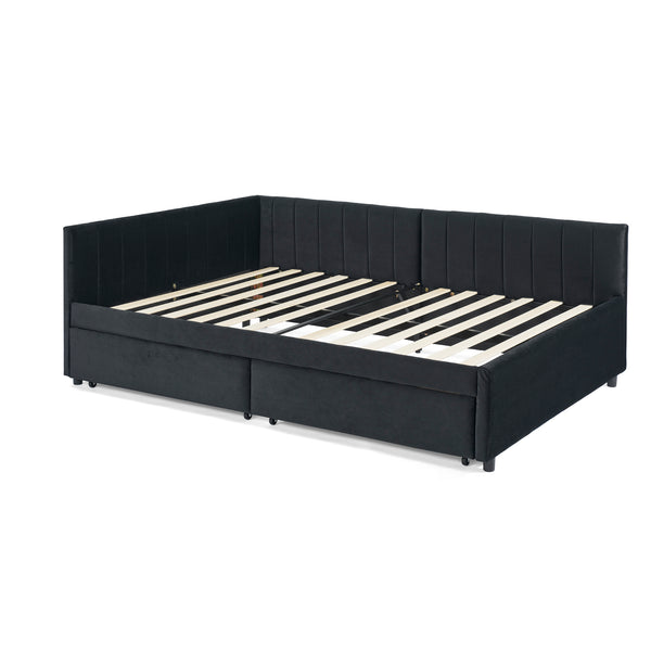 English Elm Full Size Upholstered Tufted Daybed Frame With Storage Drawers, Plush Velvet In Elegant Black Finish W1413S00088