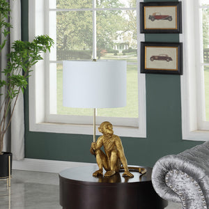 Homeroots 26" Antiqued Gold Sitting Monkey Table Lamp With White   493308