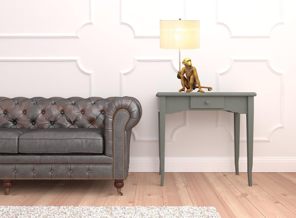 Homeroots 26" Antiqued Gold Sitting Monkey Table Lamp With White   493308