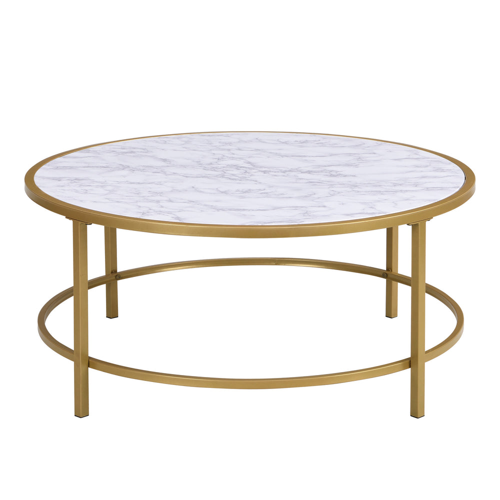 Homeroots 36" White And Gold Faux Marble And Metal Round Coffee Table   493310