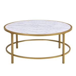 Homeroots 36" White And Gold Faux Marble And Metal Round Coffee Table   493310