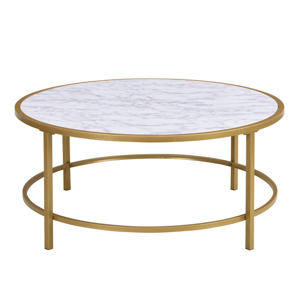 Homeroots 36" White And Gold Faux Marble And Metal Round Coffee Table   493310