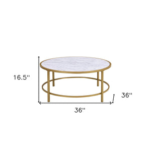 Homeroots 36" White And Gold Faux Marble And Metal Round Coffee Table   493310