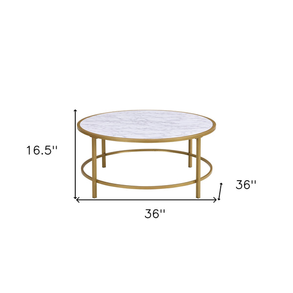 Homeroots 36" White And Gold Faux Marble And Metal Round Coffee Table   493310