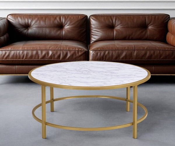 HomeRoots 36" White and Gold Faux Marble Round Coffee Table - Modern Glam Centerpiece for Any Room 493310