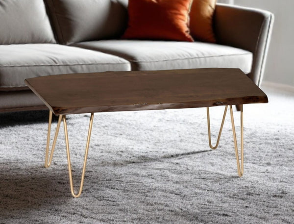 HomeRoots 42" Brown and Gold Coffee Table - Elegant Solid Wood & Iron Design for Living Room or Office Décor 493315