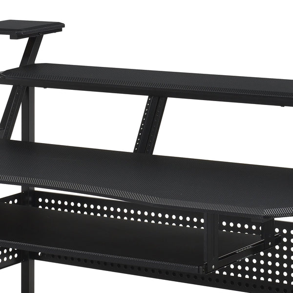 English Elm Willow Black Finish Music Desk with Keyboard Tray, Speaker Shelves, Cable Management & Wheels B2726P265725