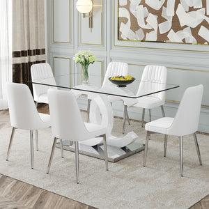 English Elm 1 Table and 6 Chairs Set.63"X35.4X30" Rectangular Transprant Tempered Glass Dining Tabletop With White Mdf Oc Shaped Bracket and Metal Base.Paired With 6 Creamy White Chairs With Silver Metal Legs.