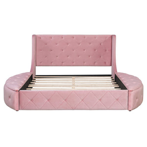 English Elm Upholstered Queen Platform Bed Velvet Wingback Frame with Storage Drawer and Side Stools Pink LP200815AAH