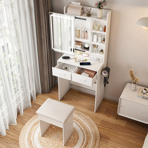 English Elm Small Makeup Vanity Desk with LED Mirror, USB/AC Ports, Hair Dryer Stand, Stool & Hidden Storage W2699P296515