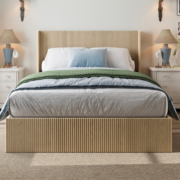 English Elm A Queen Oak Platform Bed with Lift Storage Grooved Panels and Hydraulic Base W1858P390003