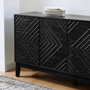 English Elm 60.5'' Buffet Cabinet with Fluted Geometric Doors, Mid-Century Sideboard with Adjustable Shelves & Outlet Holes Black W1801P288508
