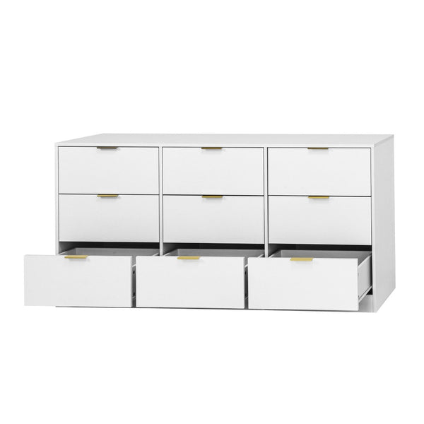English Elm 9 Drawer Handleless White Matte Dresser Sleek Minimalist Storage for Bedroom or Hallway White W409S00015