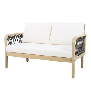 English Elm Outdoor Acacia Wood Loveseat Set with Woven Rope Detail and Slatted Coffee Table Cream,Dark Gray,Light Teak N768P363954L