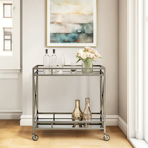 English Elm Kristensen Mirrored Antique Gold Serving Cart with Casters, Mirrored Top & Shelf, Open Storage Stylishly Compact B2726P287299