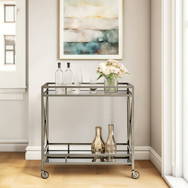 English Elm Kristensen Mirrored Antique Gold Serving Cart with Casters, Mirrored Top & Shelf, Open Storage Stylishly Compact B2726P287299