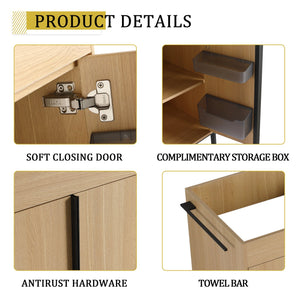 English Elm 60" Modern Freestanding Bathroom Vanity with 4 Soft-Close Doors, 3 Open Shelves, Towel Hanger, 8 Boxes W999P376886