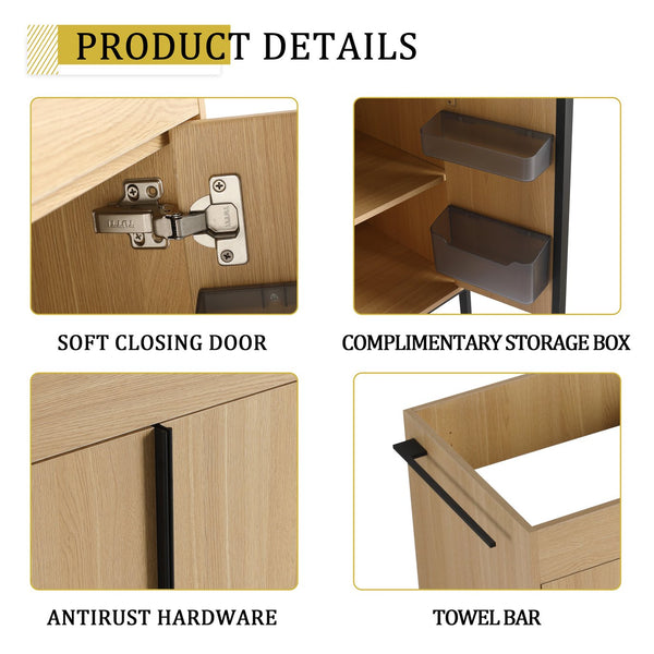 English Elm 60" Modern Freestanding Bathroom Vanity with 4 Soft-Close Doors, 3 Open Shelves, Towel Hanger, 8 Boxes W999P376886