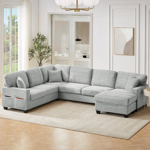 English Elm Sectional U-Shaped Sofa With Movable Ottoman & Side Storage Pockets - Stylish Comfort For Living Rooms N719S002080E-GIGA