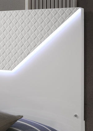 English Elm White Glam Queen Bed with High-Gloss Finish and LED Headboard, Engineered Wood Modern Design White 83 L x 34.5 W x 6 H B2741S00162