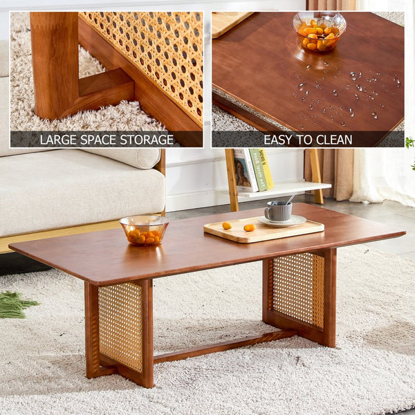 English Elm Chinese Walnut Imitation Rattan Coffee Table Rectangular Rubberwood Low Tea Table — Compact Chic, Easy Assembly, Durable Style W1512P380701