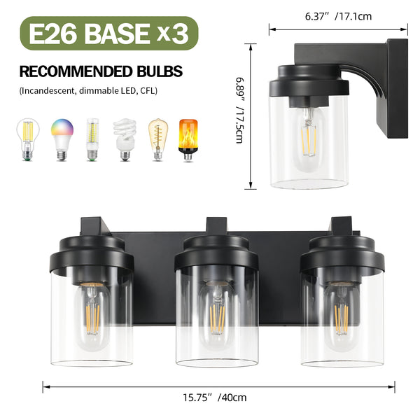 English Elm 3 Light Matte Black Vanity Light with Clear Glass Shades, Farmhouse Waterproof LED Fixture for Bathroom Hallway Vanity Mirror W2312P389977