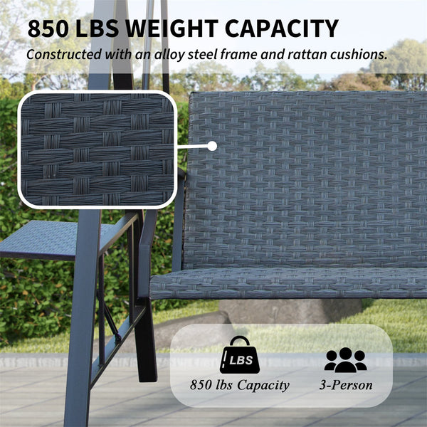 English Elm 3-Seat Wicker Porch Swing with Adjustable Polycarbonate Canopy, Steel Frame, Foldable Side Table, 850lb Capacity W1859S00119