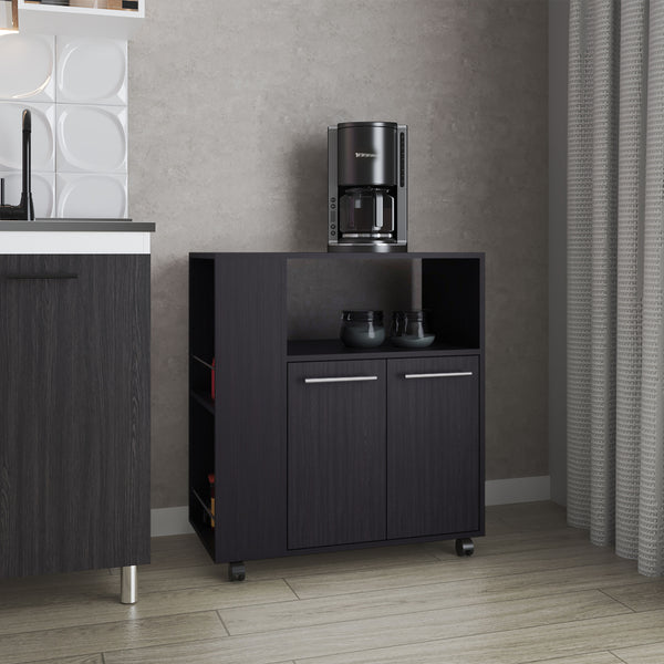 English Elm FM Linden Kitchen Cart with Microwave Shelf, Open Storage, Two-Door Cabinet on Casters for Space-Saving Organization Wenge 35 L x 18 W x 6 H B128P283299