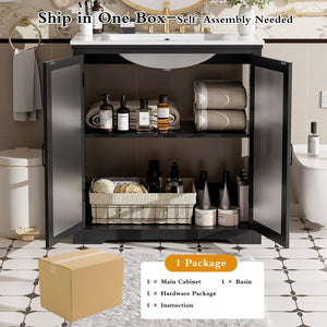 English Elm Christopher Knight Home® - 30" Modern Bathroom Vanity with Ceramic Sink, Tempered Blurred Glass Doors, Rubber Wood Frame Storage Matte Black N817P279904B